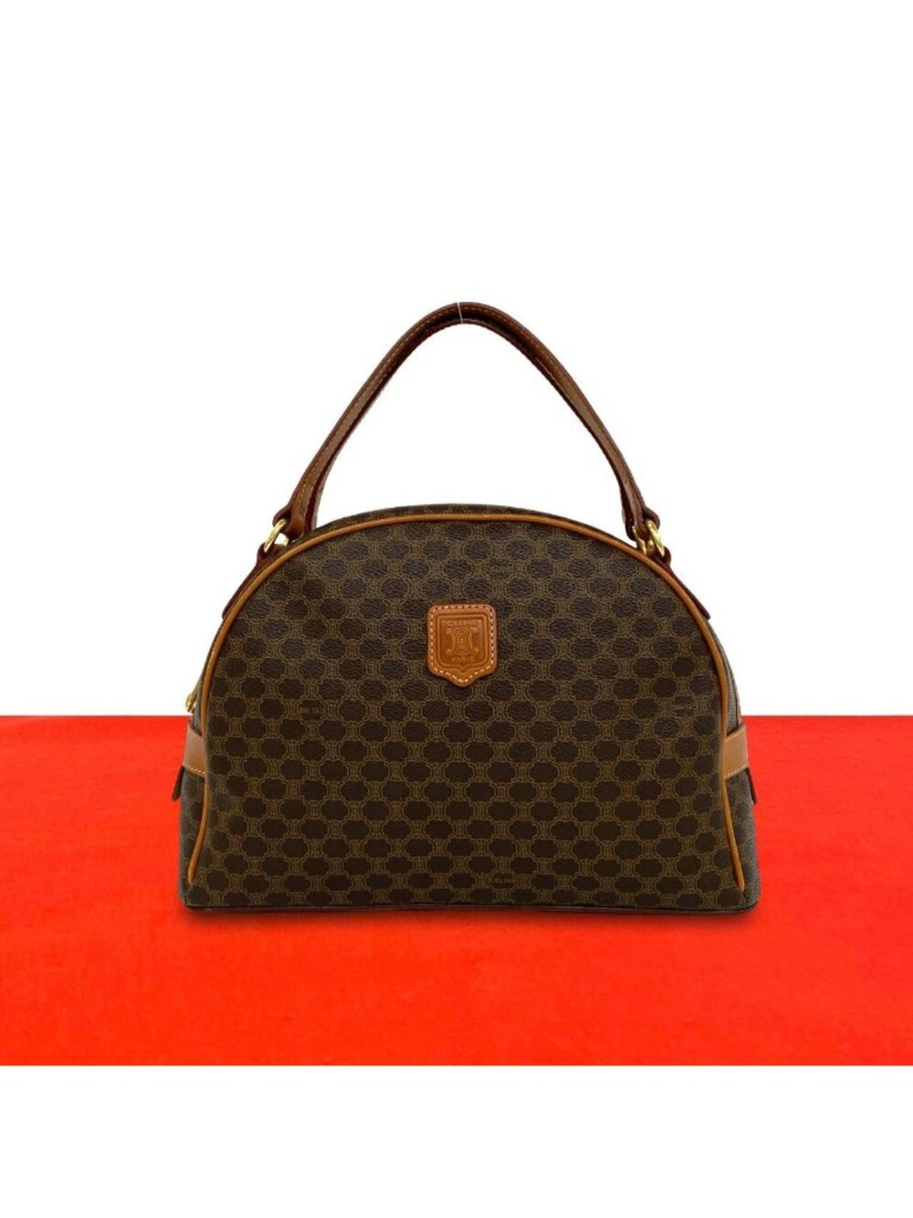 Celine Vintage Macadam Blason Pattern Triomphe Leather Mini Boston Bag Brown